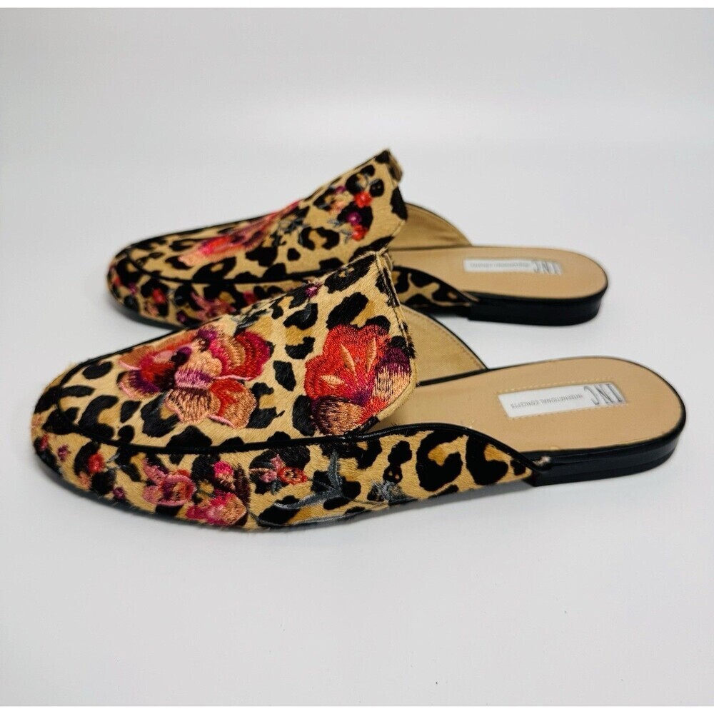 INC Women's Leopard Floral Embroidered Flats Real Calf Hair Mules Shoes 10.5 - Picture 4 of 16